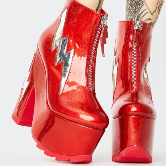 YRU Shoes - Brand New Red Nightmare Bolt Platform Boots